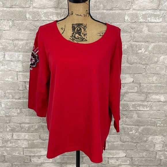 Bob Mackie Red Floral Sleeve Top - Picture 1 of 6